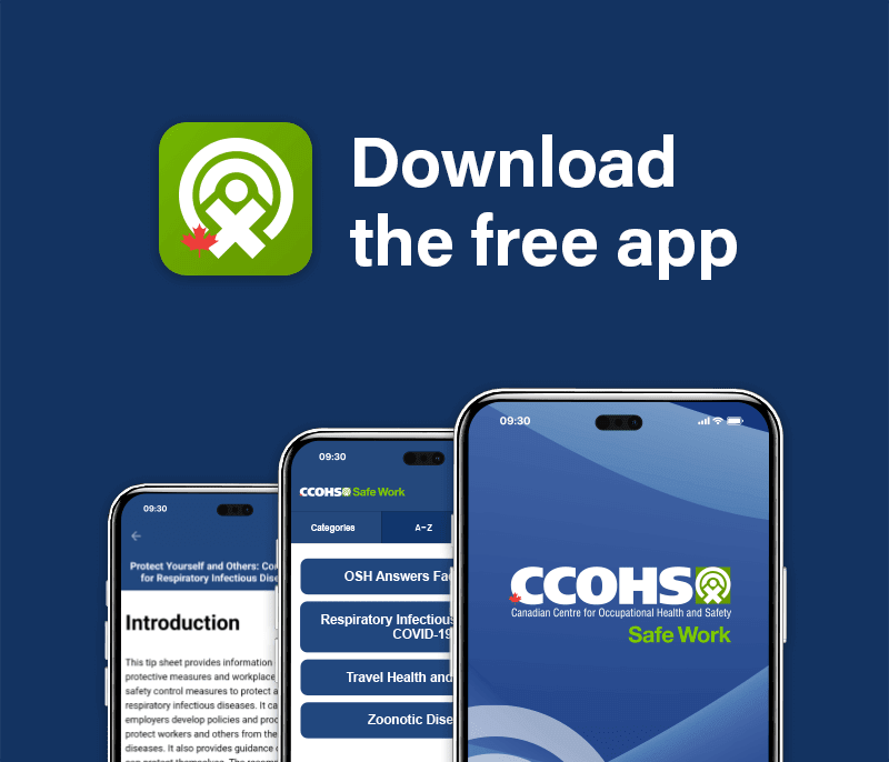 Three phone screens displaying the Safe Work app home screen and two additional in-app screen examples.